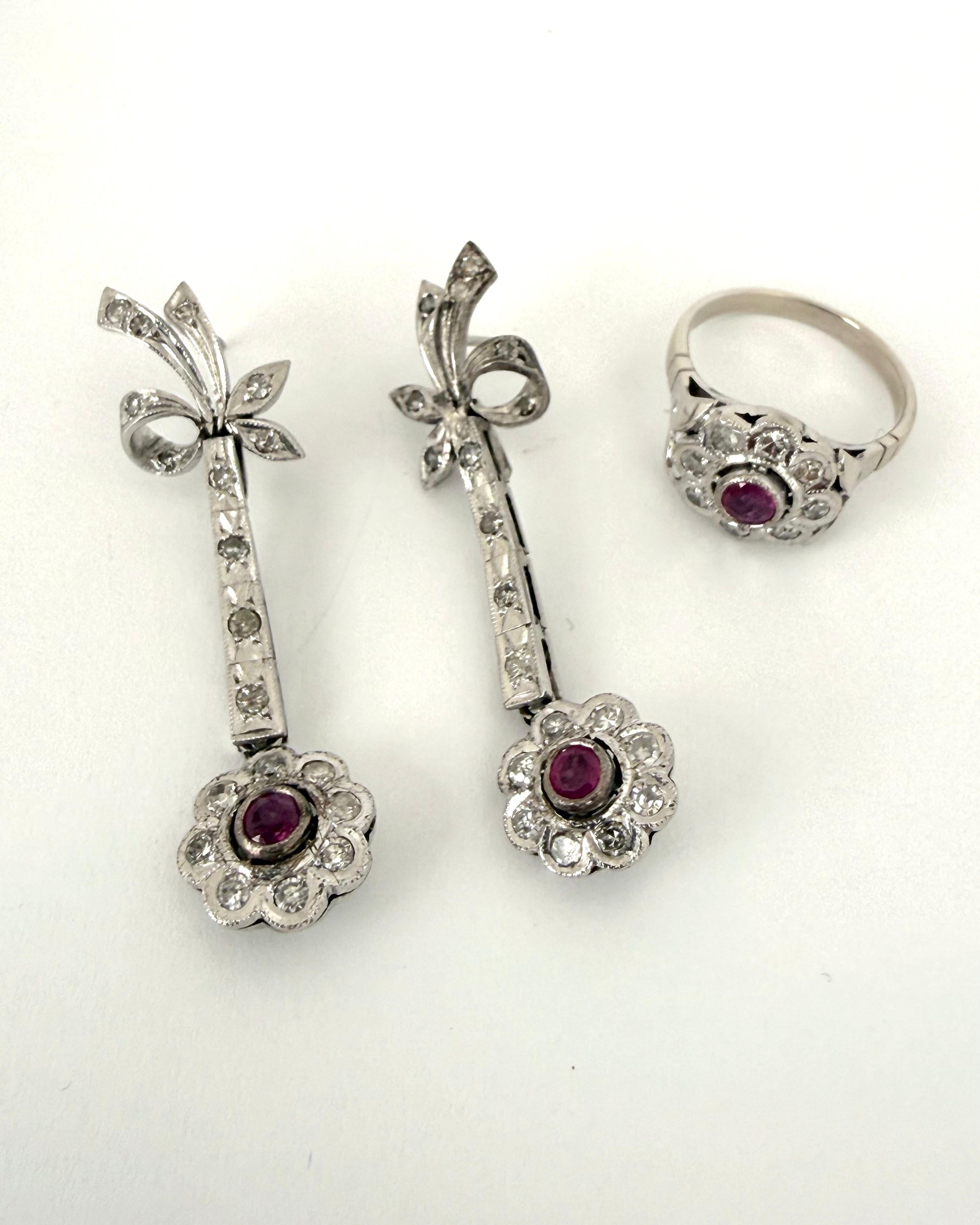 Juego Vintage de Rubíes y Diamantes en Plata Paladio